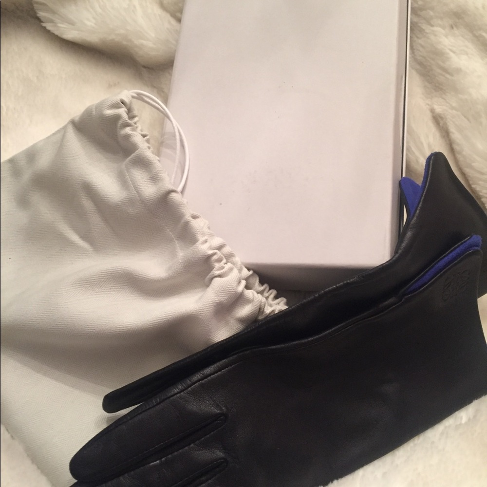 Rare Loewe Black Leather Gloves Blue Suede 7.5 - Picture 2 of 9